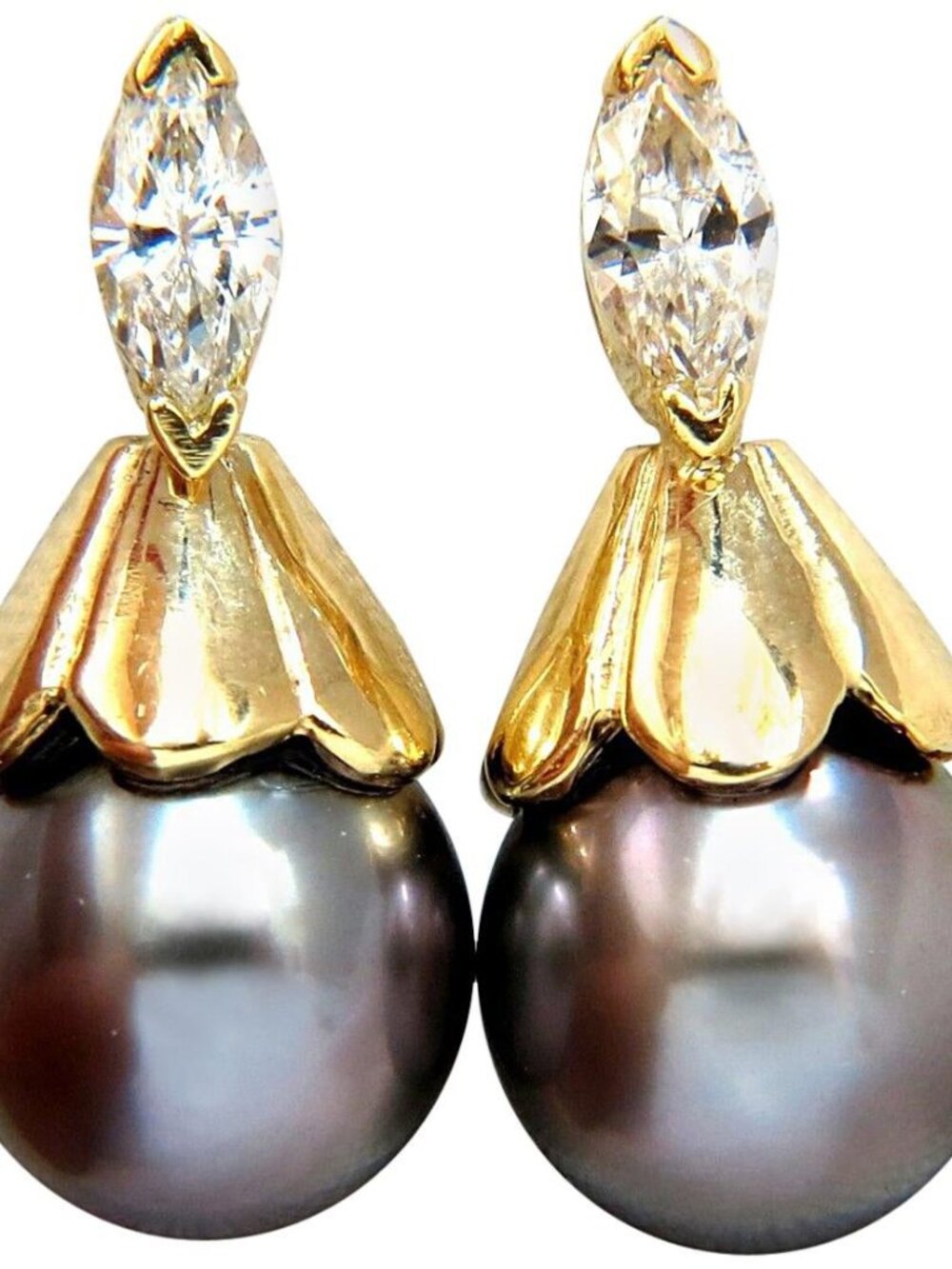 10mm natural Tahitian pearl & .80ct diamonds drop cap earrings 14kt*